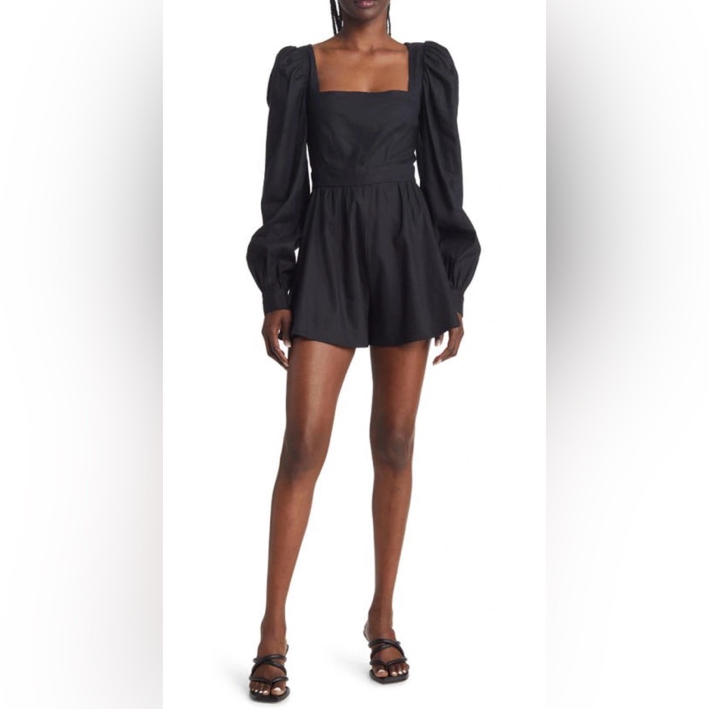 New Chelsea28 Square Neck Romper Black Puff Sleeve Linen Blend Nordstrom Sz M